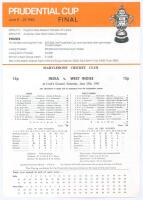 Prudential World Cup Final 1983. India v. West Indies. Official scorecard with complete printed scores for the final played at Lord’s 25th June 1983. India won by scoring 183 (Srikkanth 38), and then bowling out West Indies for 140 (Viv Richards 33). Sold