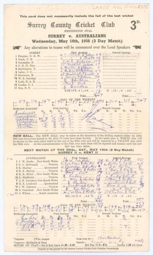 Surrey v Australians 1956. Official scorecard for the tour match played at the Oval, 16th- 18th May 1956. Jim Laker took all ten Australian wickets in the first innings and finished with figures of 46 overs, 18 maidens, ten wickets for 88. In the second i