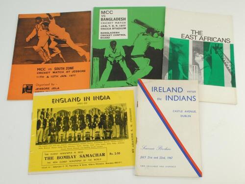 Tour programmes 1967-1982. Selection of five rarer tour brochures and programmes. ‘Ireland versus The Indians 1967’ tour match held at Castle Avenue, Dublin, July 1967, ‘The East Africans’, East African tour of the United Kingdom 1972, Bangladesh v M.C.C