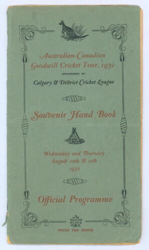 Don Bradman. ‘Australian Cricketers Goodwill Tour 1932’. Australian tour of Canada & America 1932. Very rare variant of the official brochure for the tour comprising the original brochure (in itself scarce) with paper wrappers and pen pictures, biographie