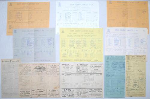 Essex tour and County scorecards 1936-1970. Eleven official scorecards including Essex v All India, Brentwood, 27th- 29th May 1936, incomplete printed scores, Essex won by 7 wickets. Essex v Lancashire, Valentine’s Park, Ilford, 14th & 16th May 1938, Lanc