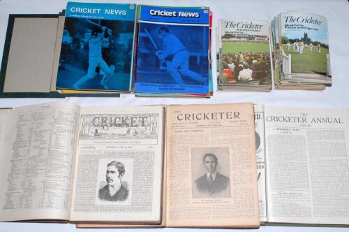 Cricket magazines 1884 onwards. Box comprising a selection of cricket magazines, the majority loose, some bound. Titles are ‘Cricket: A Weekly Record of the Game’. Vol. III nos. 63-79 (26th June to 25th December 1884). Bound in maroon cloth, gilt title to