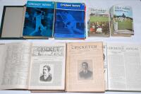 Cricket magazines 1884 onwards. Box comprising a selection of cricket magazines, the majority loose, some bound. Titles are ‘Cricket: A Weekly Record of the Game’. Vol. III nos. 63-79 (26th June to 25th December 1884). Bound in maroon cloth, gilt title to