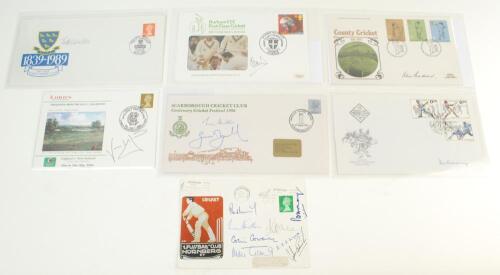 Signed First Day Covers. Selection of seven first day covers covering the period 1976-2004, signed by one or more England Test players. Fifteen signatures including Willis, Hutton (2), Colin Cowdrey, Fletcher, Wyatt, Edrich, May, Boycott, Hussain, Dexter,