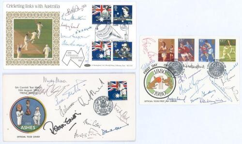 England ‘Ashes’ First Day Covers. Selection of three first day covers covering the period 1980-1989, all multi signed by England Test players. One signed by twelve players, one signed by seven players and the other by ten players. Signatures include Close