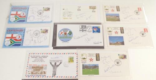 England First Day Covers. Selection of nine first day covers covering the period 1992-1995, all signed by one or more England or opposition Test players plus Test Match Special commentators (former players). Even signatures including Hansie Cronje, Malcol