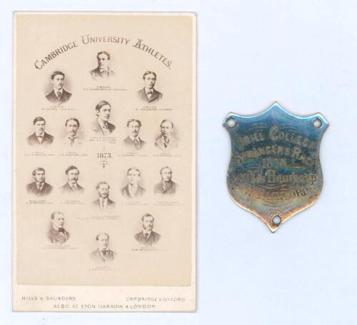 University athletics 1870s. Original sepia real photograph carte de visite of ‘Cambridge University Athletes 1873’ with sixteen athletes depicted in cameo. By Hills & Saunders of Cambridge. 2.5”x4”. Sold with a silver metal shield plaque awarded to W. Pac