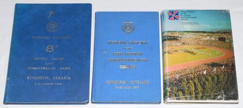 Commonwealth Games 1966-1974. Three hardback ‘Official History’ reports for the 8th Games, Kingston, Jamaica 1966, 9th Games, Edinburgh 1970, and 10th Games, Christchurch, New Zealand 1974. The latter with dustwrapper with some wear. Slight breaking to pa