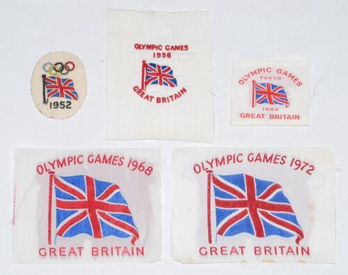 Olympic Games 1952-1972. Five original embroidered cloth Great Britain team vest badges for the Olympic Games held in Helsinki 1952, Melbourne 1956, Tokyo 1964, Mexico City 1968 and Munich 1972. Very good condition.