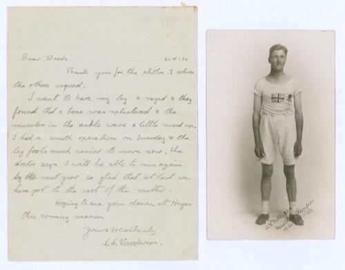 Athletics 1920s-1940s. Single page handwritten letter to ‘Dear Woods’ from S.G. [Sydney] Wooderson ‘The Mighty Atom’, dated 21st August 1936. Wooderson reports on an operation to repair a fracture to his leg and muscle damage, and hopes to ‘be able to run