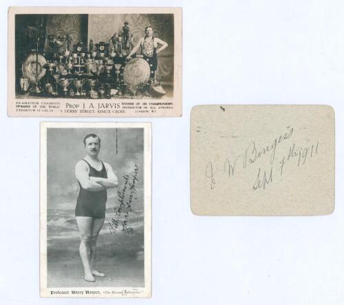 Swimming, early 1900s. Mono real photograph postcard of ‘Prof. J.A. Jarvis, Ex-Amateur Champion Swimmer of the World’ depicted with his vast array of trophies and medals. Signed in ink to verso ‘J. Jarvis. Once a swimmer’. Mono postcard of ‘Professor Harr