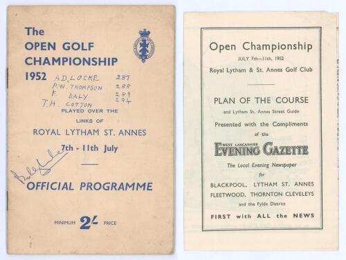 Open Golf Championship. Royal Lytham St. Annes 7th- 11th July 1952. Official programme signed in ink to the front cover by the winner Bobby Locke, with the final scores of the top four players additionally annotated. Complete with official fold out Plan o