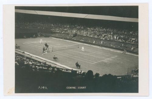 Wimbledon Gentlemen’s Championships 1920s. Rare original and early mono real photograph postcard of a gentlemen’s singles match in progress on Centre Court. Players unknown. Blind embossed stamp for Edwin Trim & Co. of Wimbledon to lower right corner, ser