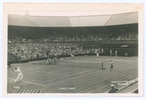 Wimbledon ‘Centre Court’ 1936. Original mono action real photograph postcard with a men’s third round singles match in progress, Christian Boussus v Gottfried von Cramm. Card no. V103 in a series issued by Edwin Trim & Co. of Wimbledon, publishers name pr