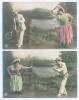 ‘Tennis by the lake’. Pair of early Edwardian chromolithographic colour postcards of a man and a woman in tennis pose by a lake. Published by J.W. Berlin, Graficas, and numbered 199/4 and 199/6. Postally unused. Very good condition.