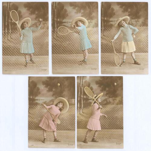 ‘Girl Tennis player’. Series of five attractive colour postcards of a young girl wearing a large straw hat and playing with a tennis racket and ball, various shots and poses. Postcards by ‘Lutetia Series’. No. 152, European editions. Postally unused. Good