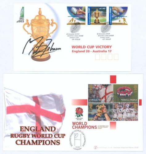 ‘England World Cup Victory England 20 - Australia 17’. First day cover with Sydney 2003 issue Rugby stamps, signed by England Captain, Martin Johnson. Sold with a further cover ‘England Rugby World Cup Champions’. with four English commemorative stamps. G