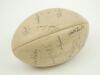 Barbarians and The All Blacks circa 1973. Mitre rugby ball signed by twenty one players from both teams. For the Barbarians: Dusty Hare, David Duckham, J.J. Williams, Ray Gravell, J.P.R. Williams, Charles Kent, Ian McGeechan, Peter Wheeler, Gerald Davies - 2