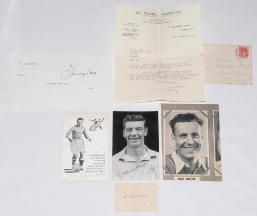 Football signatures 1910s-1980s. Six signatures in ink including a nice signature on small card of Fanny Walden (Northampton Town & Tottenham Hotspur). Mono real photograph advertising postcard of Johnny Haynes (Fulham) for ‘The Star Sportsman’s Diary’, s