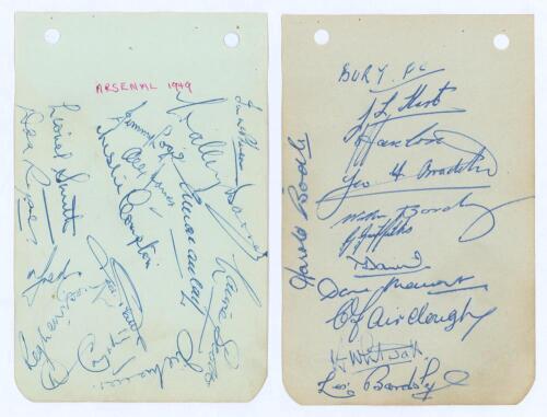 Arsenal F.C. 1949. Album page signed in blue ink by fourteen members of the Arsenal team. Signatures include McPherson, Barnes, Scott, Macaulay, Logie, L. Compton, Smith, Mercer, Drake, D. Compton, Lewis etc. Sold with an album page of the same period sig