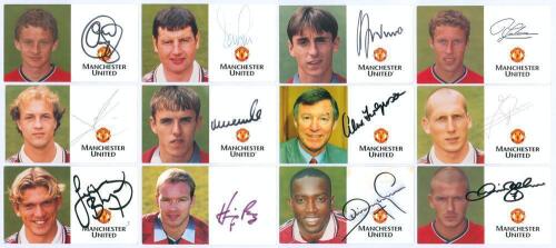 Manchester United. Selection of thirteen signed official club photo-cards, cards include including Irwin, Heaton, Solskar, Phil Neville, Jordi Cruyff, Alex Ferguson, Yorke, Stam, Beckham, Giggs Phil Neville etc. Sold with four colour photographs from the 