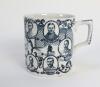 Football mug circa 1900’s. Unusual football mug decorated blue on a white background with title/statement to centre ‘Success & Best Wishes for the Football Season and may the best team win’. The mug with strap handle with images in cameo of players repres - 2