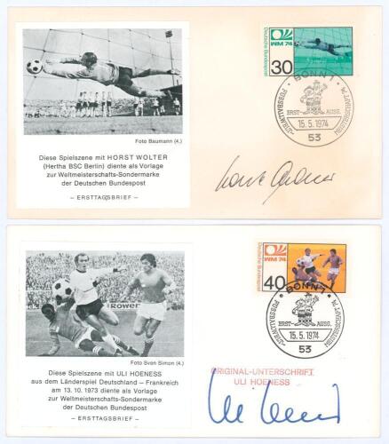 World Cup 1974. Two German first day covers stamped ‘Bonn’ . One featuring Horst Wolter and the other Uli Hoeness. Signed by each player. Good condition