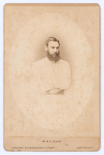 ‘Mr W.G. Grace’. William Gilbert Grace. Gloucestershire & England. 1865-1908. A good sepia cabinet card photograph of Grace, half length wearing cricket shirt in cameo. The cabinet card by London Stereoscopic Compy. Title and photographers details to lowe