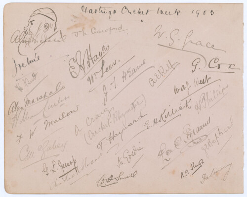 Hastings Cricket Week 1905. Gentlemen of the South v Players of the South, Hastings, 7 to 9th September 1905. Large autograph page very nicely signed in ink by twenty one of the players who featured in the match which was drawn. Eleven signatures of the G