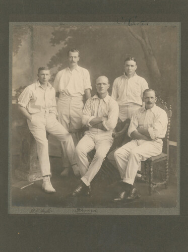 M.C.C. tour of South Africa circa 1913-1914. Large excellent sepia portrait photograph of four of the South African Test players who played in the series, Herbie Taylor, Arthur William ‘Dave’ Nourse, Claude Carter and Joe Cox plus George Cox of Sussex who