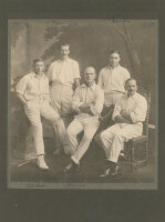 M.C.C. tour of South Africa circa 1913-1914. Large excellent sepia portrait photograph of four of the South African Test players who played in the series, Herbie Taylor, Arthur William ‘Dave’ Nourse, Claude Carter and Joe Cox plus George Cox of Sussex who