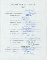 England tour to Australia 1978/79. Official autograph sheet for the tour, fully signed by all twenty listed members of the touring party in ink. Players’ signatures are Brearley (Captain), Willis, Botham, Boycott, Edmonds, Emburey, Gooch, Gower, Hendrick,