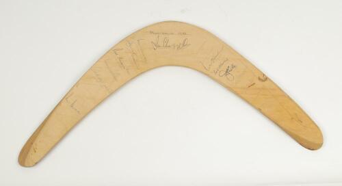 England v Australia 1972. Australian boomerang signed by twelve members of the Australian touring party to England 1972. Signatures in ink include I.Chappell, Gleeson, Mallett, Walters, Marsh, Massie, Lillee, G.Chappell etc. Approx 23&rdquo; long. Light fading 