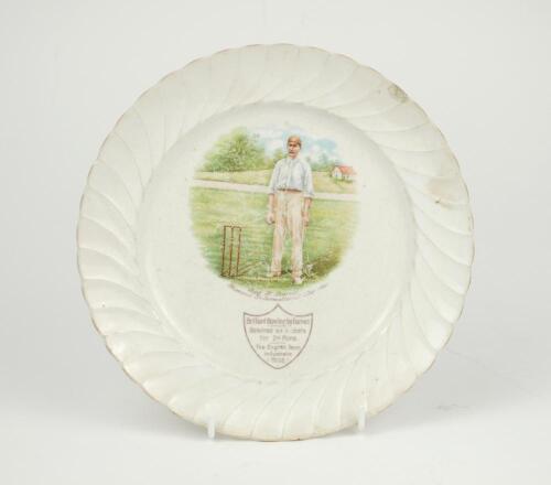 Sydney Francis Barnes, Warwickshire, Lancashire, Staffordshire, England & Wales 1894-1930. A commemorative side plate with colour transfer printed vignette of Barnes wearing cap, stood at the wicket with ball in his hand to centre, with inscription ‘Syd. 