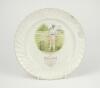 Sydney Francis Barnes, Warwickshire, Lancashire, Staffordshire, England & Wales 1894-1930. A commemorative side plate with colour transfer printed vignette of Barnes wearing cap, stood at the wicket with ball in his hand to centre, with inscription ‘Syd. 