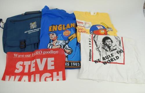 Cricket shirts, polo/tee-shirts, boxer shorts, sweater, wet-weather jacket, scarf, flag etc. Selection of twenty modern items. Includes cricket shirts for Bunbury Cricket Club and Wisden Cricket Monthly, polo and tee-shirts for the Ashes 1989, 1993 (2- di