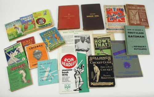Cricket Books and brochures. Selection of books including &lsquo;M.C.C. Scores of Matches etc 1886&rsquo;, &lsquo;Crickety Cricket&rsquo; Moffat 1898, &lsquo;Spaldings Cricket Guide and How to play Cricket by Prince Ranjitsinhji 1906 (front wrapper detached), Ron Headley [Benefit] sou