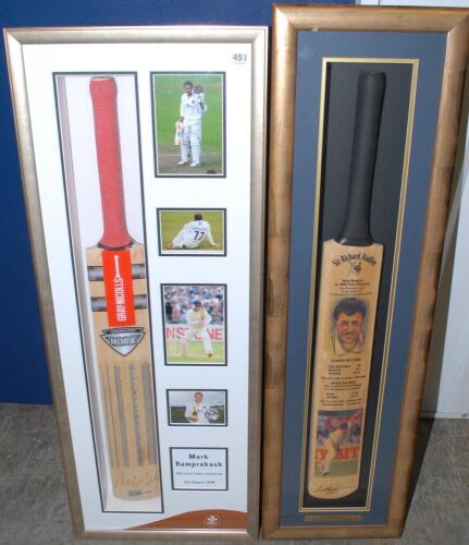 Cricket bats. Two signed cricket bats, both mounted in glazed display cases. The first commemorates Sir Richard Hadlee ‘1st bowler to 400 Test wickets’ with details of career record with two printed images to side. Signed by Hadlee, also signed to the bac