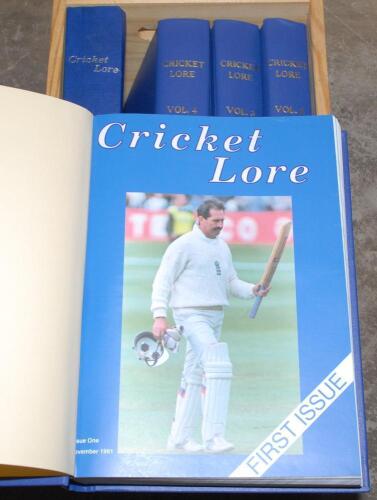 ‘Cricket Lore’. Complete run of the magazine from the first issue, November 1991 (Issue one) to July 2005 (Vol 5, Issue seven). Loosely bound in five official blue binders with titles to front board and spine. Very good condition. Sold with a box of crick