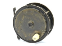 A good Hardy Hercules 4 ½" salmon fly reel, domed ivorine handle on raised winding plate, pierced and waisted brass foot, quadruple cage pillars, fixed check mechanism, faceplate with raised two screw spindle boss, stamped enclosed oval logo, light wear 