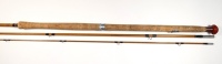 A Pezon et Michel "Parabolic Saumon" 3 piece cane salmon fly rod, 12', green/scarlet tipped silk wraps, sliding alloy reel fitting, suction ferrules, light use only, in bag