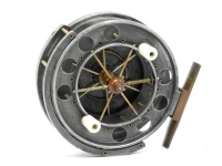 An Allcock Aerial model 7950-T3 4" centre pin reel, caged and six spoked drum with twin (later) ivorine handles, ventilated front flange and twin regulator/release forks, B.P. line guide, brass stancheon foot, rear sliding brass optional check button and 
