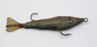 A rare early 19th Century Kill Devil 3" bait, the copper wire bound fish shaped lure with wire loop eye, twin head and tail mounted single barbed hooks and cut vellum tail, a very rarely seen early minnow bait as illustrated in Salter's Anglers' Guide, 1