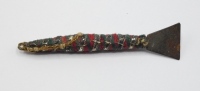 A rare early 19th Century 2 ¼" Devil silk bound bait, the slender fish shaped lure with silver tinsel, red and green silk spiral bound body, nickel silver cut metal tail and loop eye, lacking hooks, possibly by Milward's, circa 1830, Sandford C: Best of B