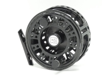 A rare Hardy Zane No.1 prototype 3 ¾" saltwater/light salmon fly reel, non-production model with black anodised finish, large arbour drum with slotted ventilated ports and counter-balanced handle, foot mounted on two polished alloy posts, rear plate with