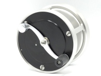 A fine S.E. Bogdan 400 multiplying salmon fly reel, right hand wind model with silver/black anodised finish, 2:1 ration retrieve, counter-balanced serpentine crank handle set within an anti-foul rim, alloy block foot stamped model details, rear off-set t