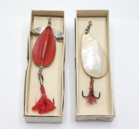 A Hardy Pearl Spoon 3" bait, in original white card trade box and a Hardy 2 ½" Colorado spoon bait, in original white card trade box, both in new/unused condition, 1930's (2)
