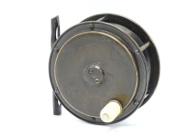 A good Hardy Hercules 4" brass salmon fly reel, ivorine handle on raised winding plate, pierced and waisted bridge foot, quadruple cage pillars, fixed check mechanism, faceplate with raised two screw spindle boss and stamped Rod in Hand trademark and enc