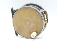 A rare Hardy Brass Faced Perfect 4 ½" Auxiliary Brake salmon fly reel, domed ivorine handle, pierced bridge foot, rim mounted spring loaded brass pressure brake arm, strapped rim tension screw with Turk's head locking nut and early calliper spring check m