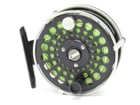 An Ari't Hart F2 Stream (made for J.C. Field & Stream) trout fly reel, black anodised, right hand wind model, multi-perforated drum with counter-balanced handle and turn key drum release latch, full annular line guide, stancheon foot with triform support